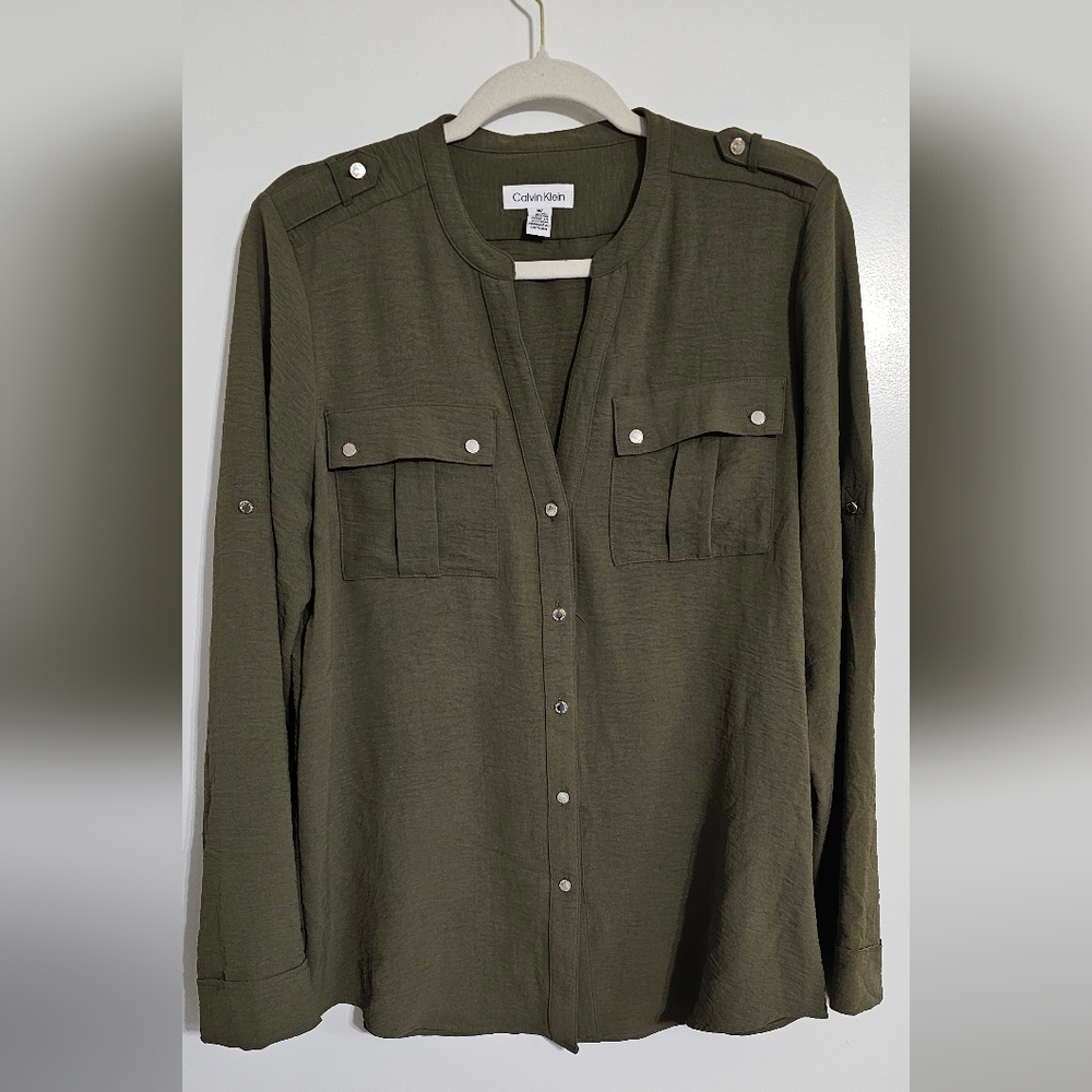 Calvin Klein Dark Green Casual Button Down Blouse